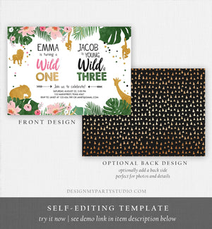 Editable Wild One Birthday Invitation Wild and Three Boy Girl Safari Animals Jungle Gold Joint Dual Download Printable Corjl Template 0016