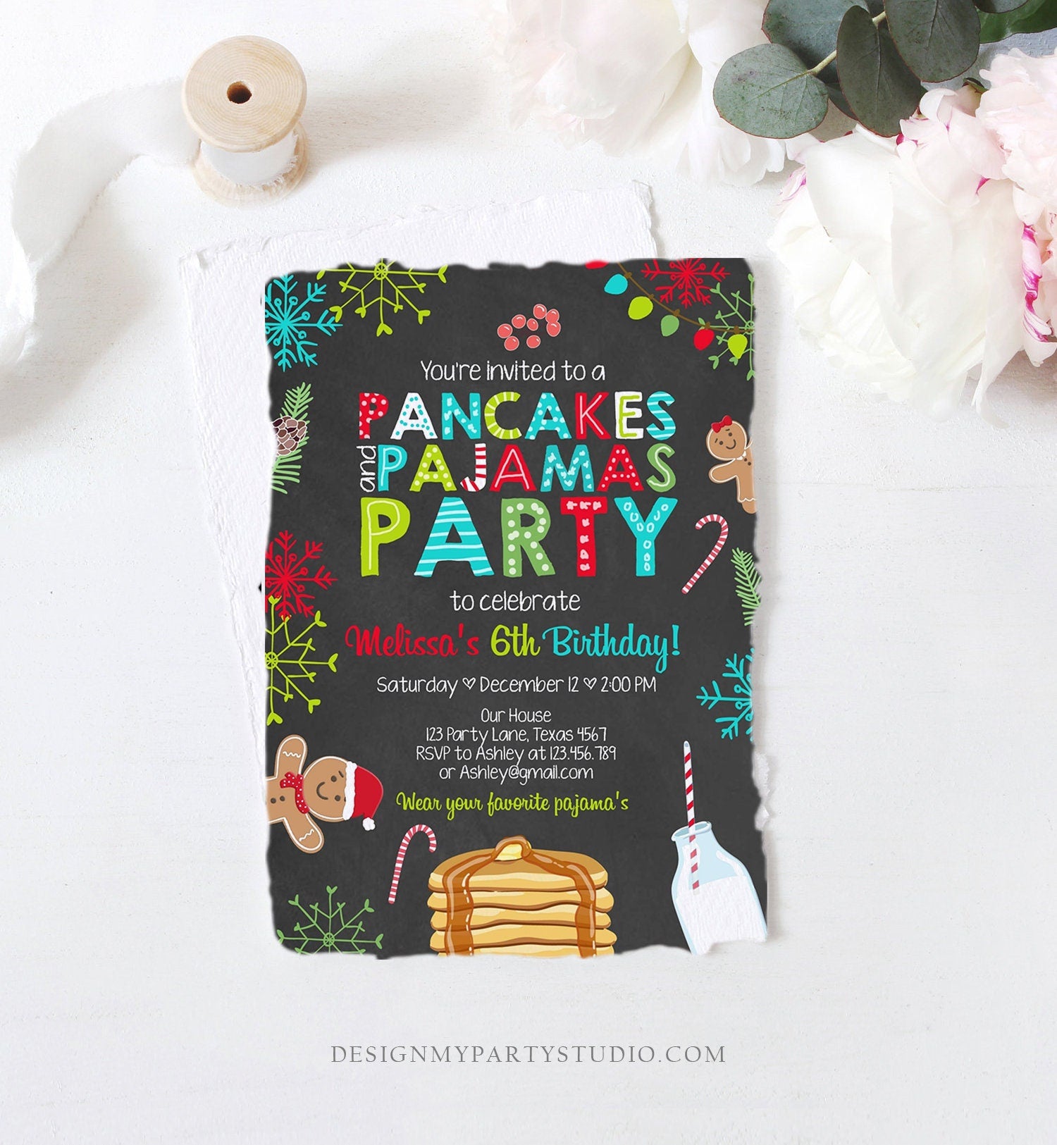 Editable Christmas Pancakes and Pajamas Birthday Invitation Pancake Gingerbread Milk Party Download Printable Corjl Template Digital 0271