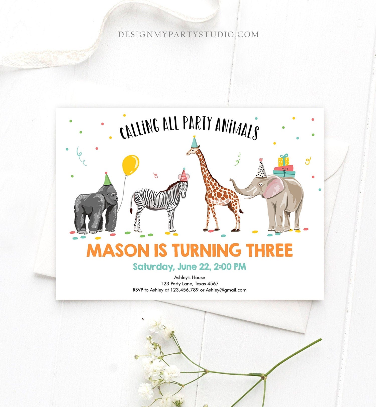 Editable Party Animals Birthday Invitation Wild One Animals Invite Zoo Safari Animals Boy Digital Download Printable Template Evite 0142