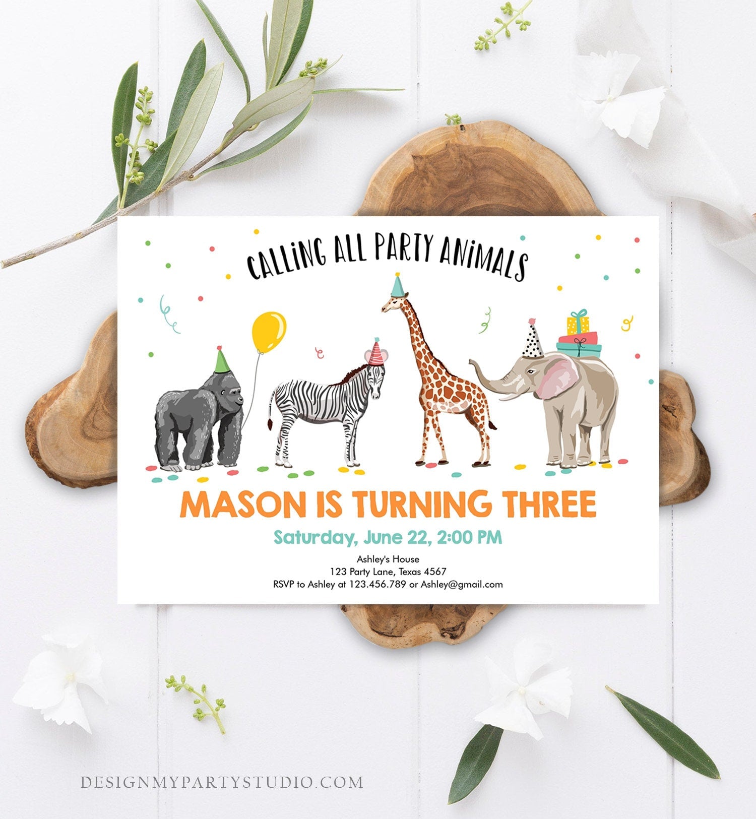 Editable Party Animals Birthday Invitation Wild One Animals Invite Zoo Safari Animals Boy Digital Download Printable Template Evite 0142