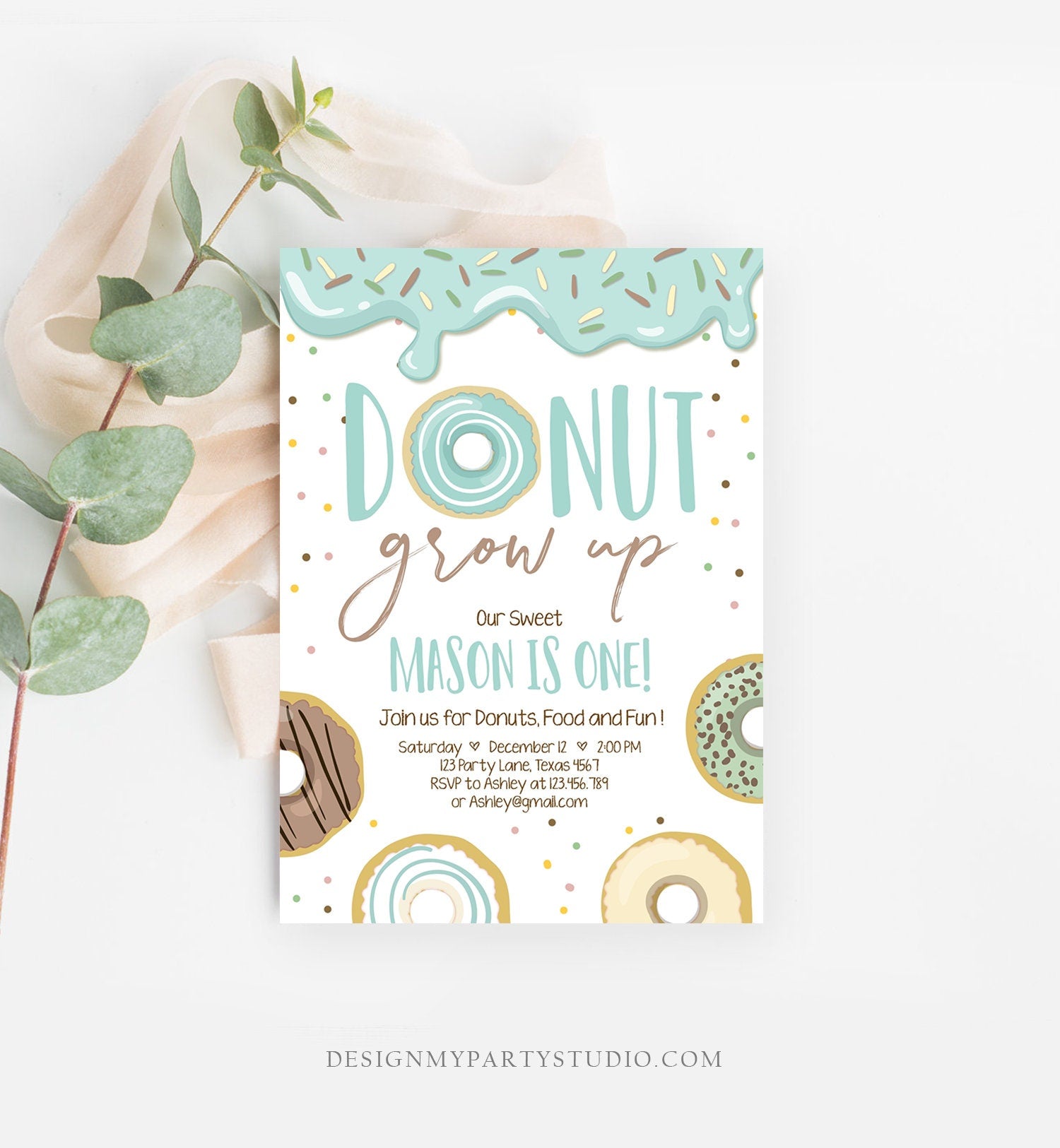 Editable Donut Grow Up Birthday Invitation First Birthday Party Blue Boy Doughnut 1st Pastel Instant Download Printable Template Corjl 0320