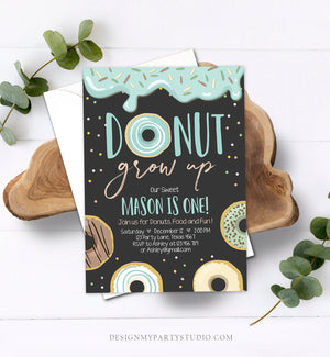 Editable Donut Grow Up Birthday Invitation First Birthday Party Blue Boy Doughnut 1st Pastel Chalk Download Printable Template Corjl 0320
