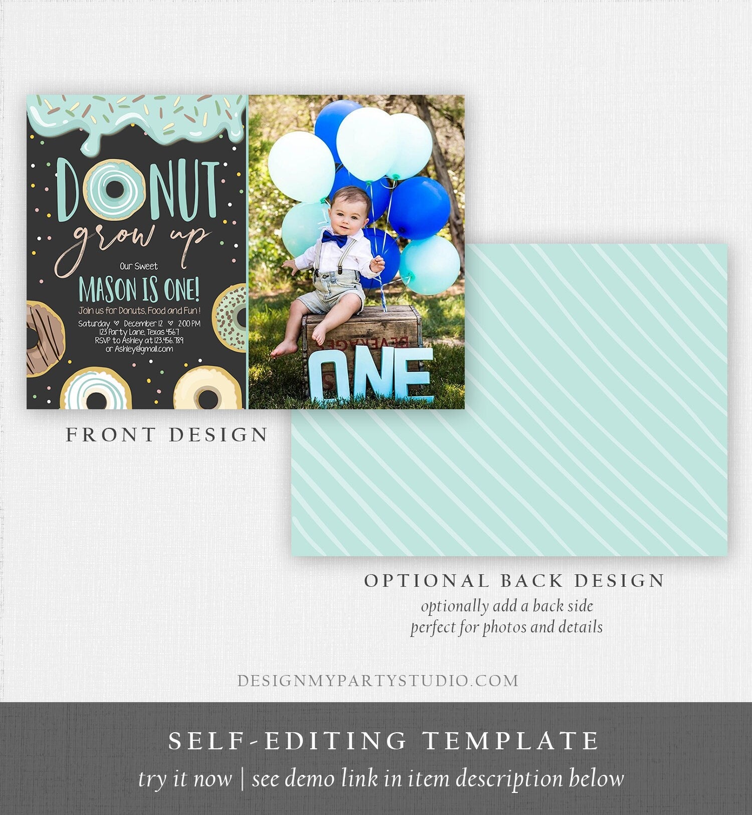 Editable Donut Grow Up Birthday Invitation First Birthday Party Blue Boy Doughnut 1st Pastel Photo Download Printable Template Corjl 0050