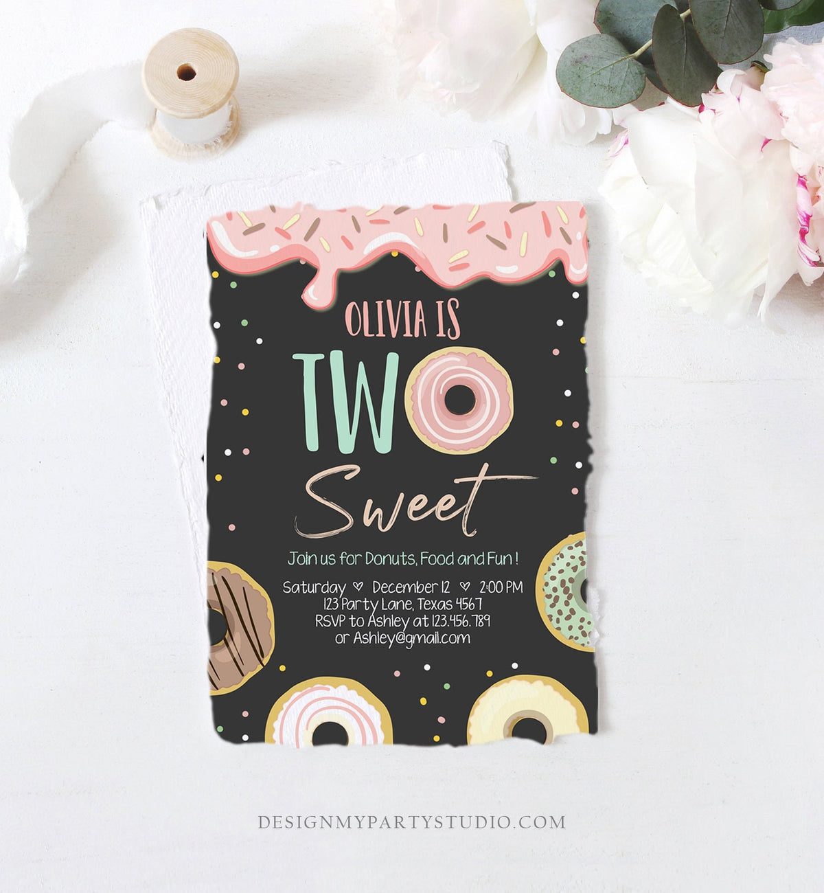 Editable Donut Two Sweet Birthday Invitation Second Birthday Party Pink Girl Doughnut 2nd Digital Download Evite Template Printable 0320