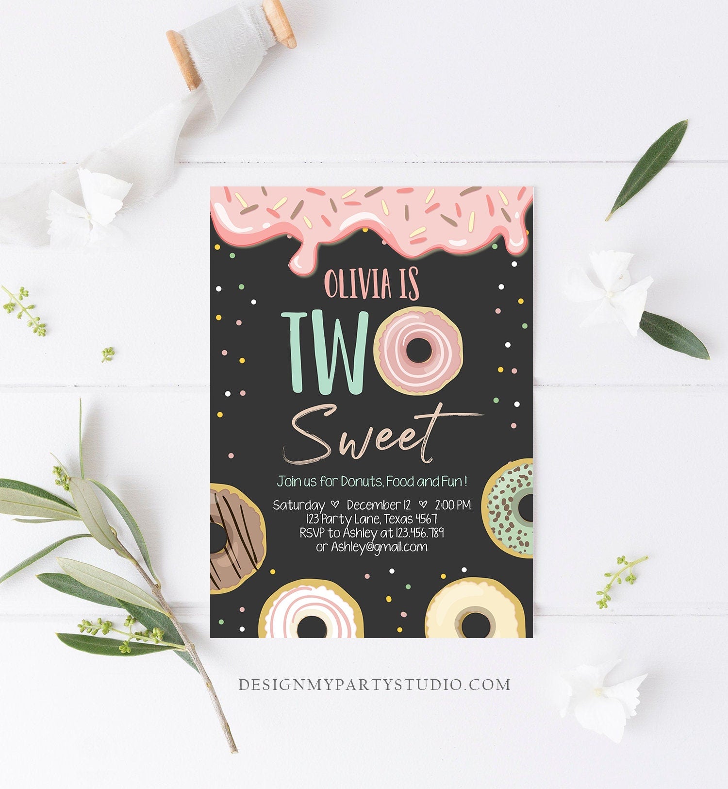 Editable Donut Two Sweet Birthday Invitation Second Birthday Party Pink Girl Doughnut 2nd Digital Download Evite Template Printable 0320