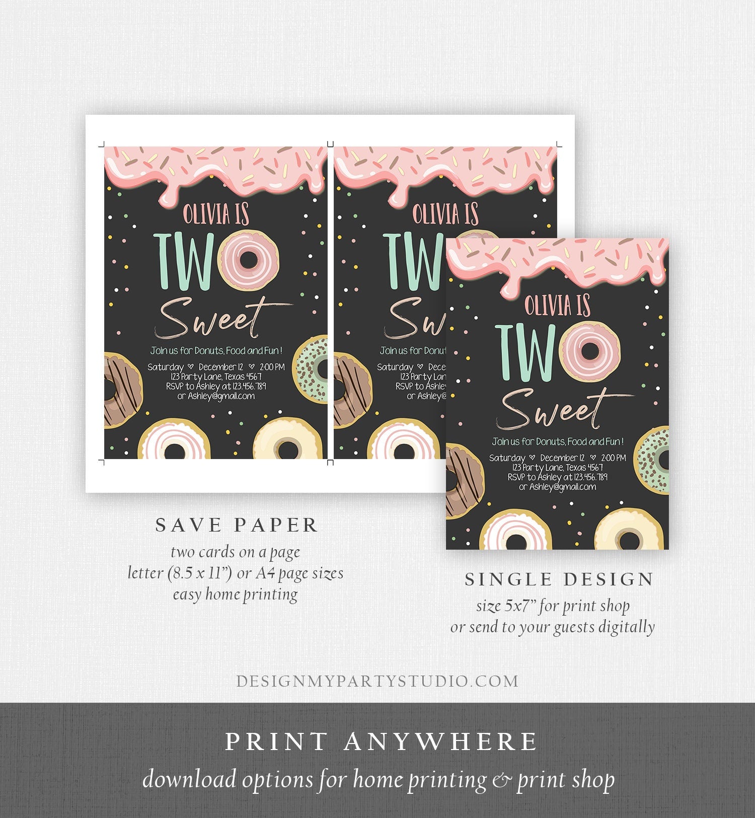 Editable Donut Two Sweet Birthday Invitation Second Birthday Party Pink Girl Doughnut 2nd Digital Download Evite Template Printable 0320