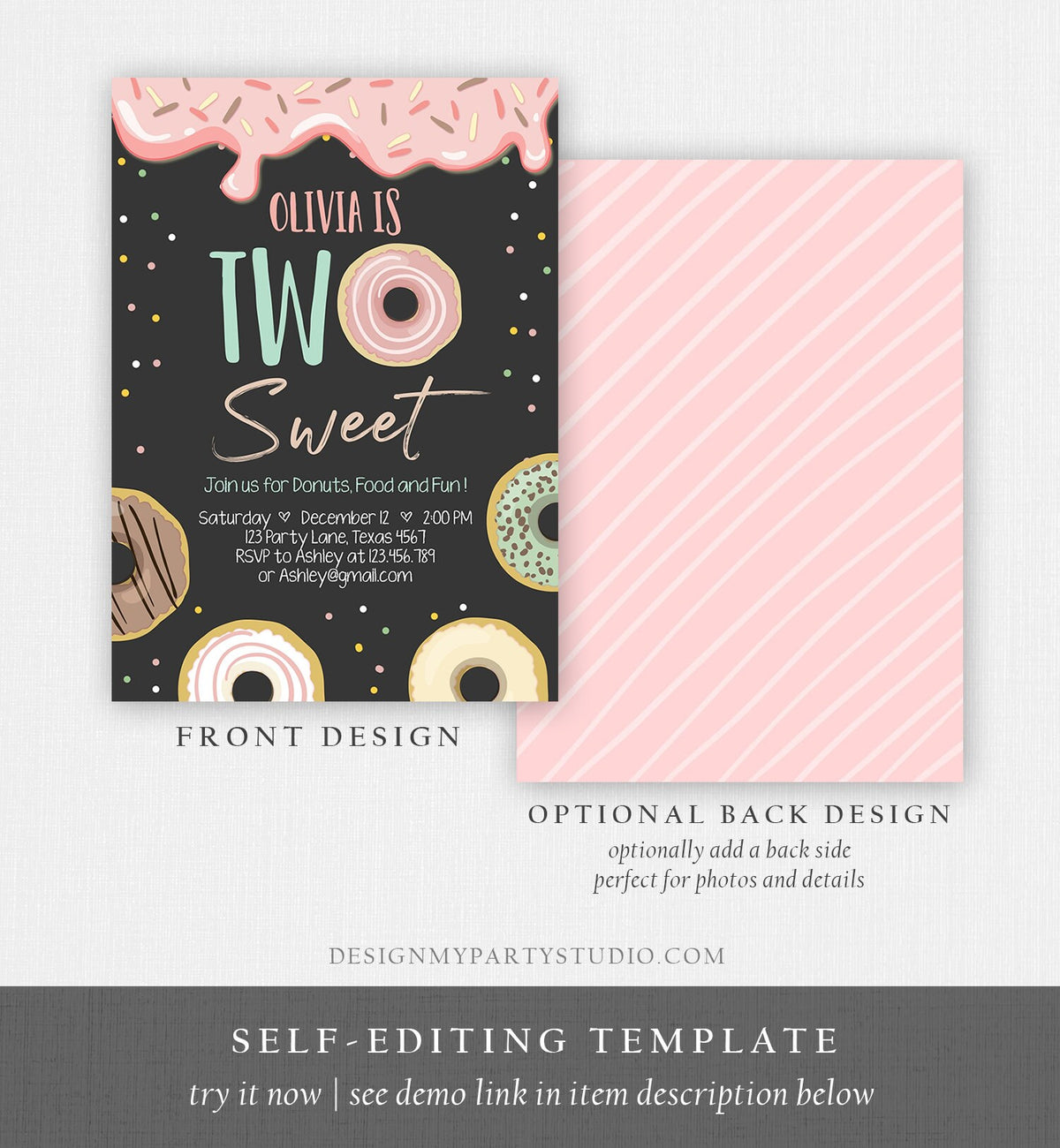 Editable Donut Two Sweet Birthday Invitation Second Birthday Party Pink Girl Doughnut 2nd Digital Download Evite Template Printable 0320