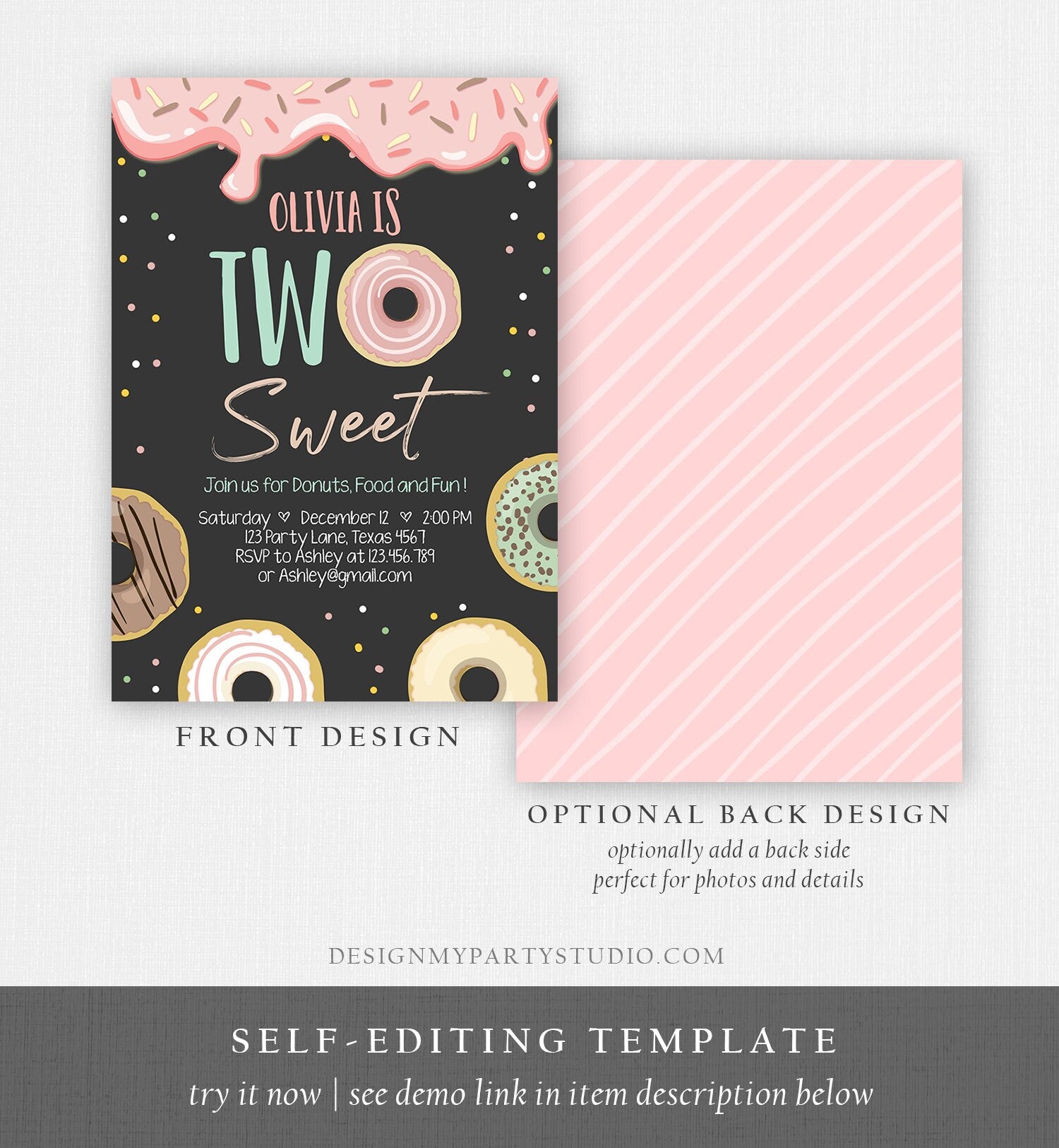Editable Donut Two Sweet Birthday Invitation Second Birthday Party Pink Girl Doughnut 2nd Digital Download Evite Template Printable 0320