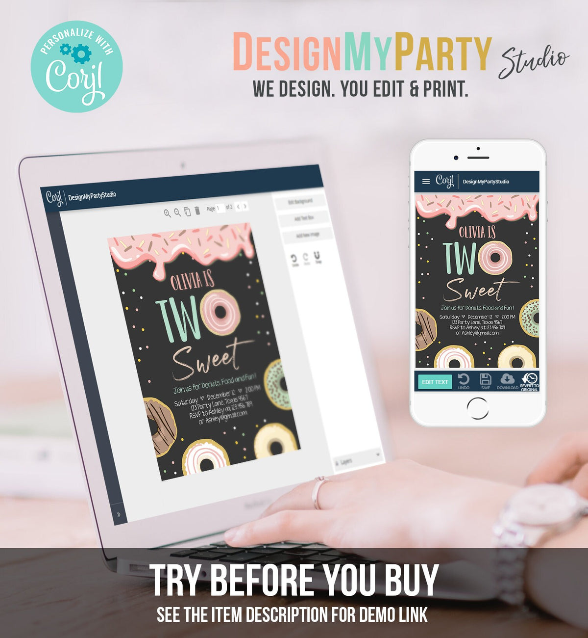 Editable Donut Two Sweet Birthday Invitation Second Birthday Party Pink Girl Doughnut 2nd Digital Download Evite Template Printable 0320