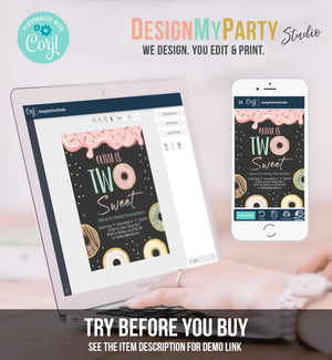 Editable Donut Two Sweet Birthday Invitation Second Birthday Party Pink Girl Doughnut 2nd Digital Download Printable Template Corjl 0320