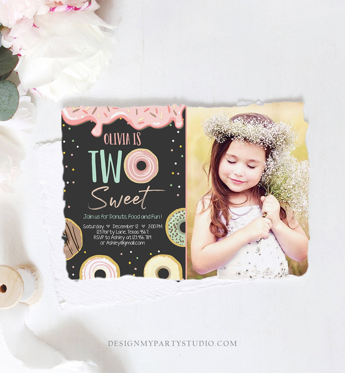 Editable Two Sweet Donut Birthday Invitation 2nd Birthday Girl Doughnut Second Birthday Photo Printable Download Template Corjl Digital 0320