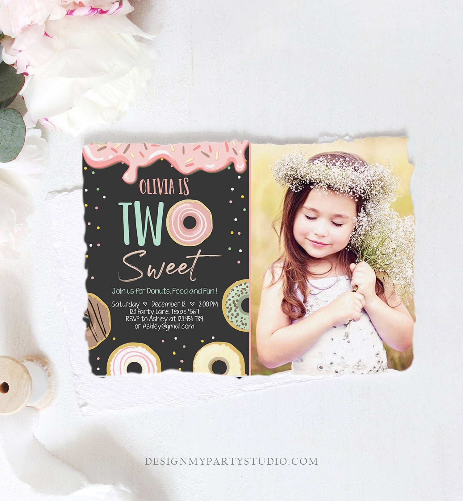 Editable Two Sweet Donut Birthday Invitation 2nd Birthday Girl Doughnut Second Birthday Photo Printable Download Template Corjl Digital 0320
