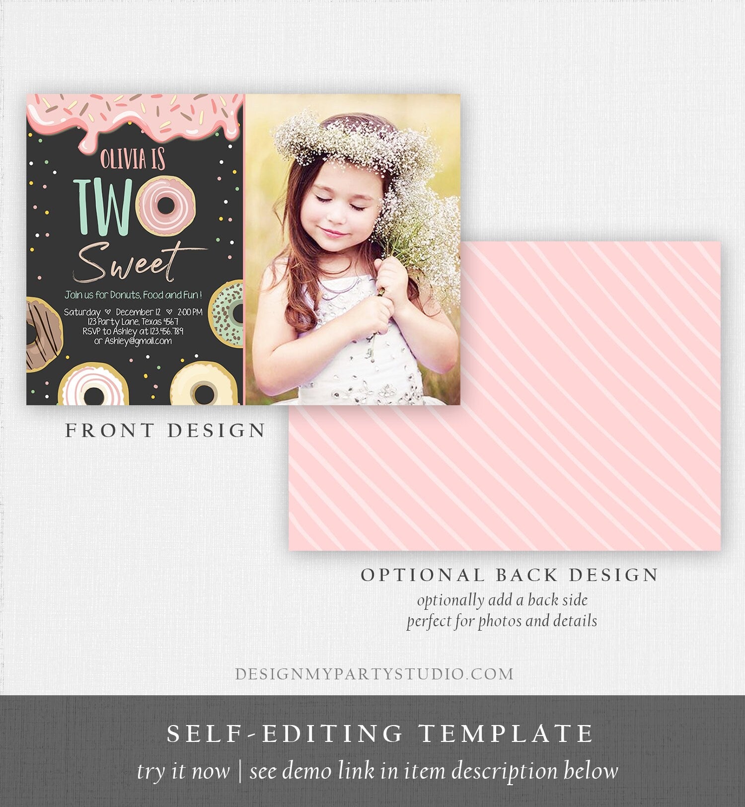 Editable Two Sweet Donut Birthday Invitation 2nd Birthday Girl Doughnut Second Birthday Photo Printable Download Template Corjl Digital 0320
