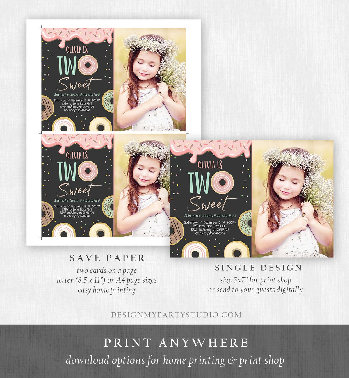 Editable Two Sweet Donut Birthday Invitation 2nd Birthday Girl Doughnut Second Birthday Photo Printable Download Template Corjl Digital 0320