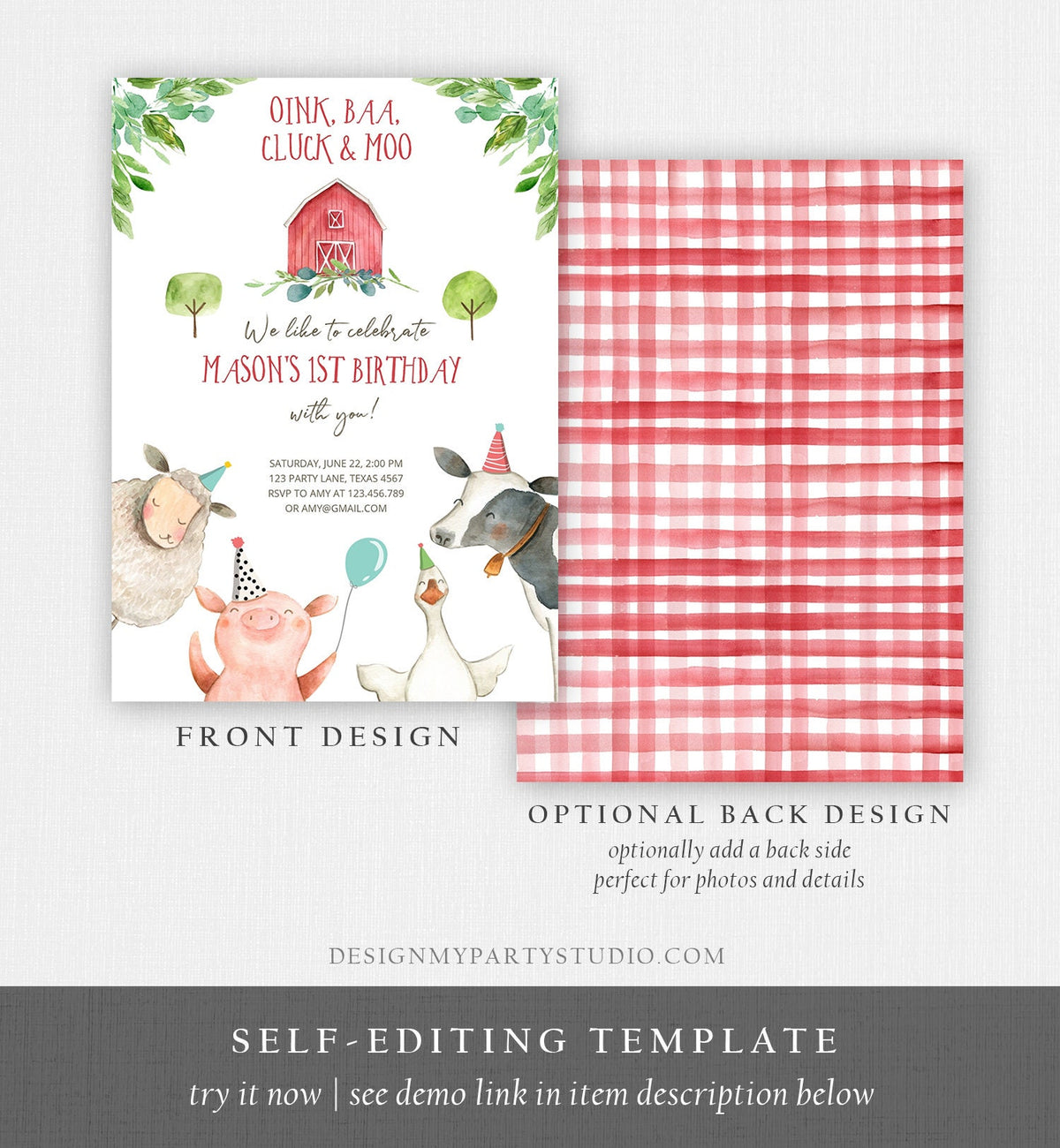 Editable Farm Animals Birthday Invitation Boy Party Animals Red Barn Barnyard Party Evite Digital Download Evite Template Printable 0155