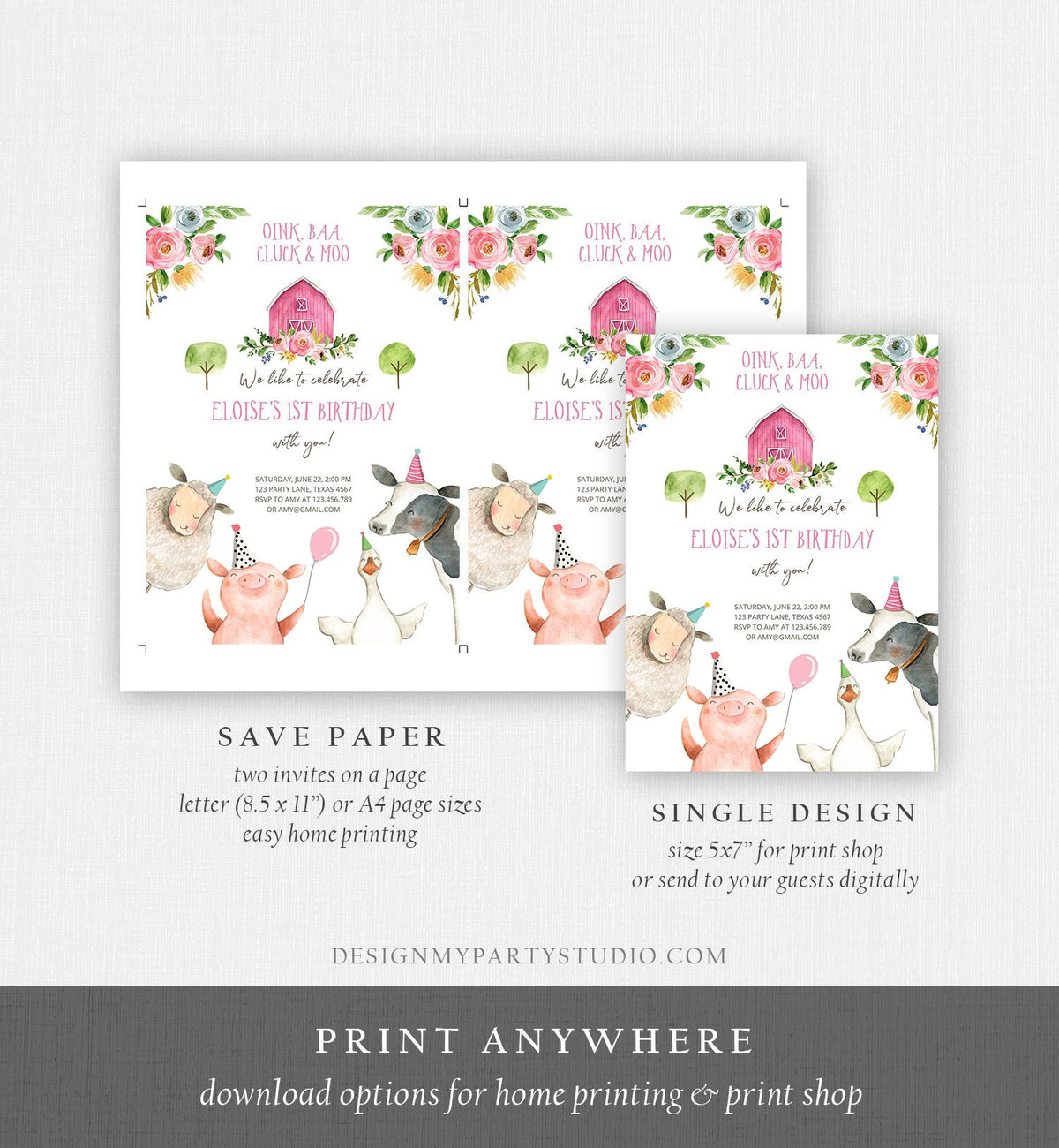 Editable Farm Animals Birthday Invitation Girl Party Animals Pink Floral Barnyard Party Digital Download Evite Template Printable 0155