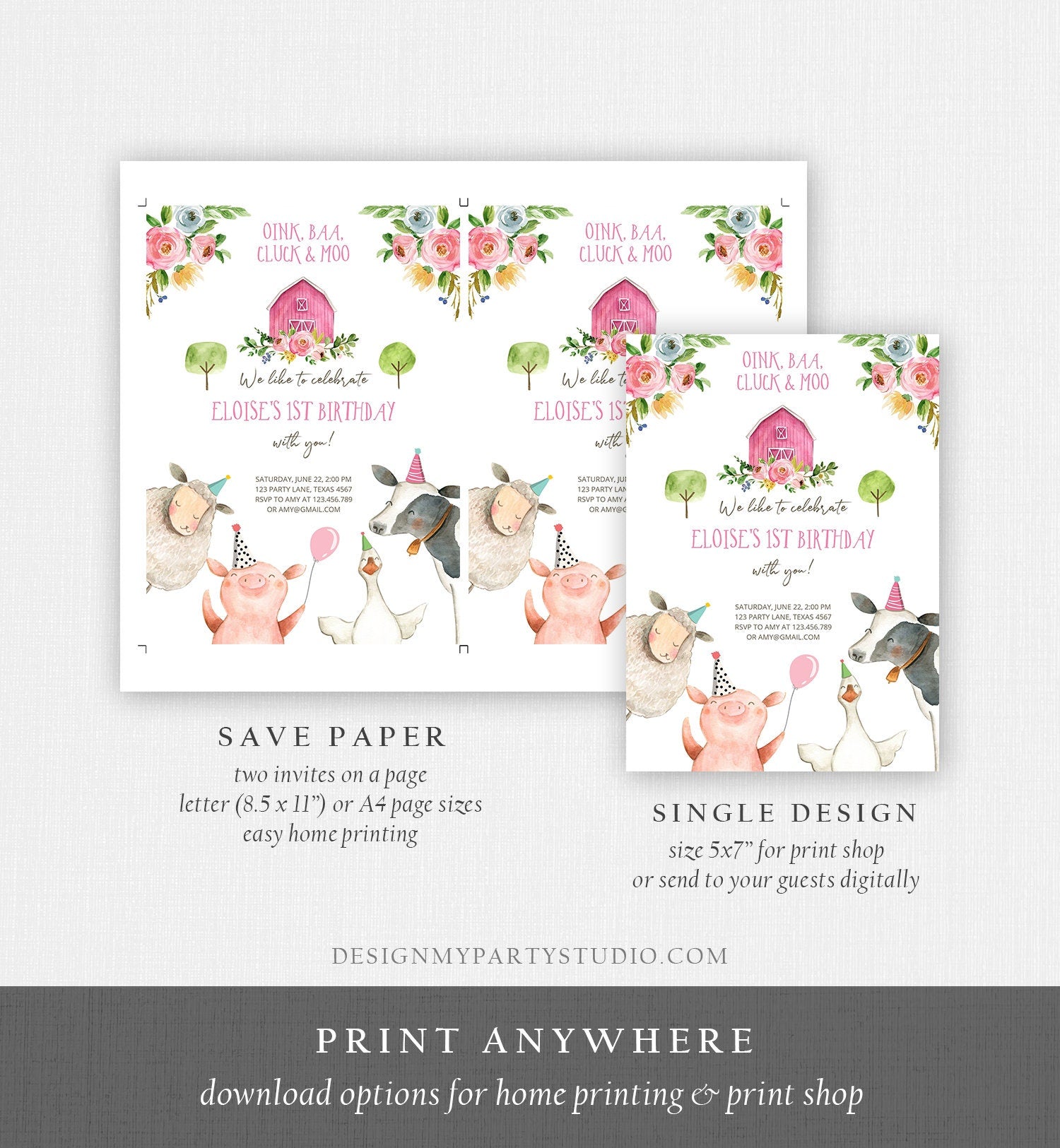 Editable Farm Animals Birthday Invitation Girl Party Animals Pink Floral Barnyard Party Digital Download Evite Template Printable 0155