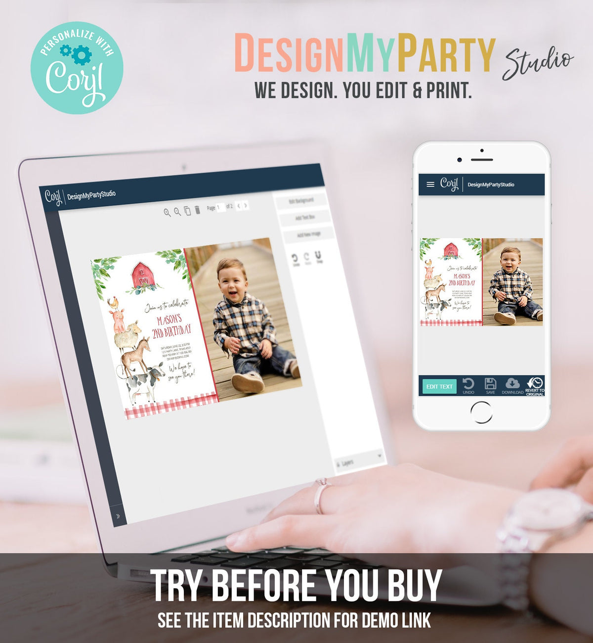 Editable Farm Birthday Invitation Boy Farm Animals Boy Barnyard Birthday Party Download Printable Invitation Template Digital Corjl 0155