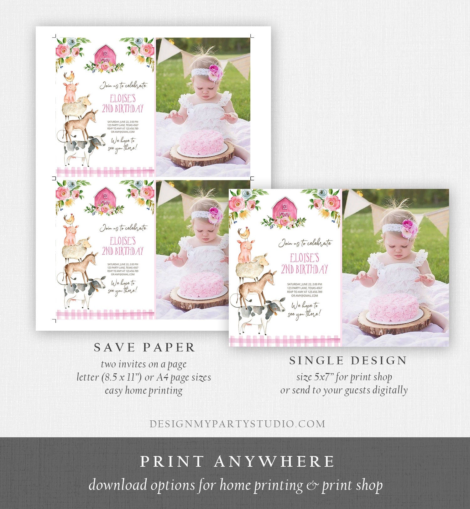 Editable Farm Birthday Invitation Girl Farm Animals Pink Floral Barnyard Party Download Printable Invitation Template Digital Corjl 0155