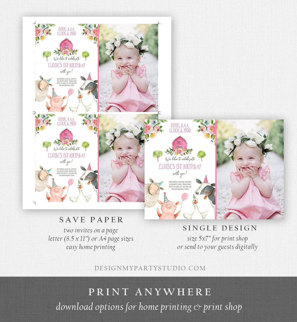 Editable Farm Birthday Invitation Girl Farm Animals Pink Floral Barnyard Party Animals Digital Download Evite Template Printable 0155