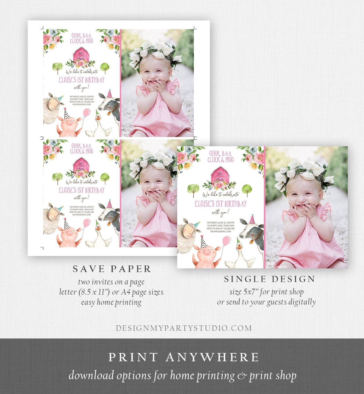 Editable Farm Birthday Invitation Girl Farm Animals Pink Floral Barnyard Party Animals Digital Download Evite Template Printable 0155