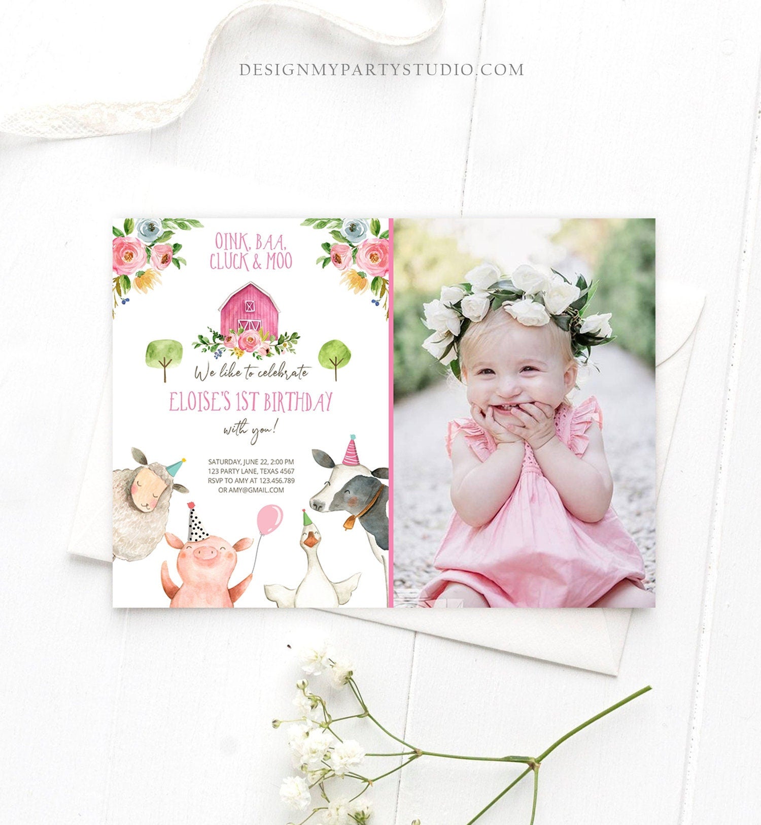 Editable Farm Birthday Invitation Girl Farm Animals Pink Floral Barnyard Party Animals Digital Download Evite Template Printable 0155