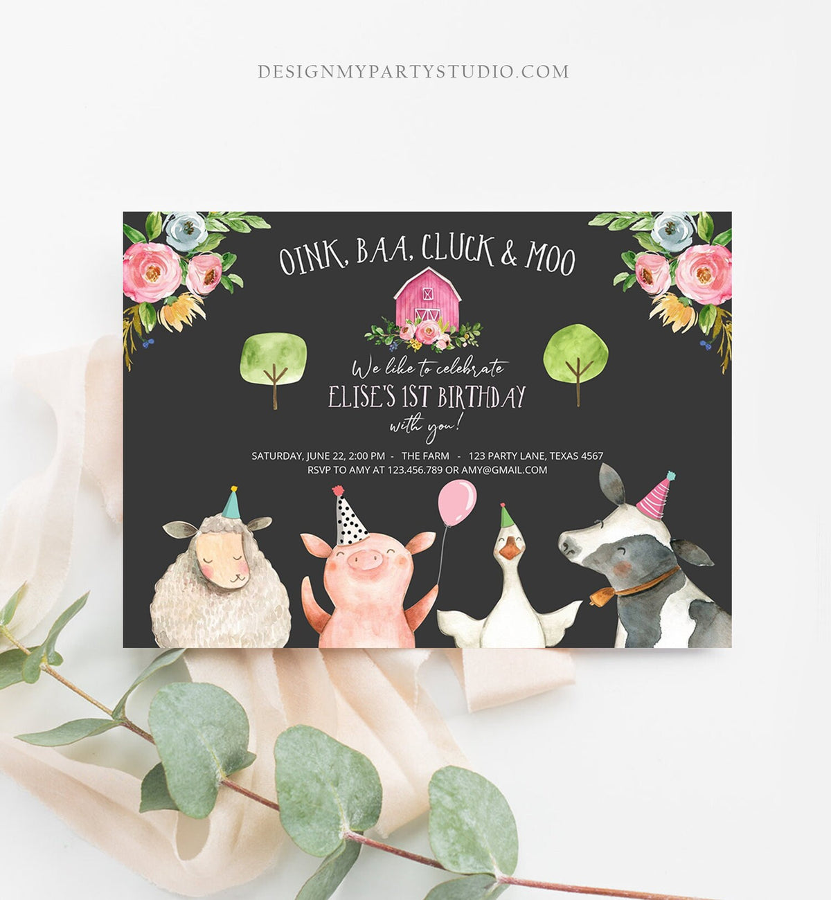 Editable Farm Birthday Invitation Girl Farm Animals Pink Floral Barnyard Party Download Printable Invitation Template Digital Corjl 0155