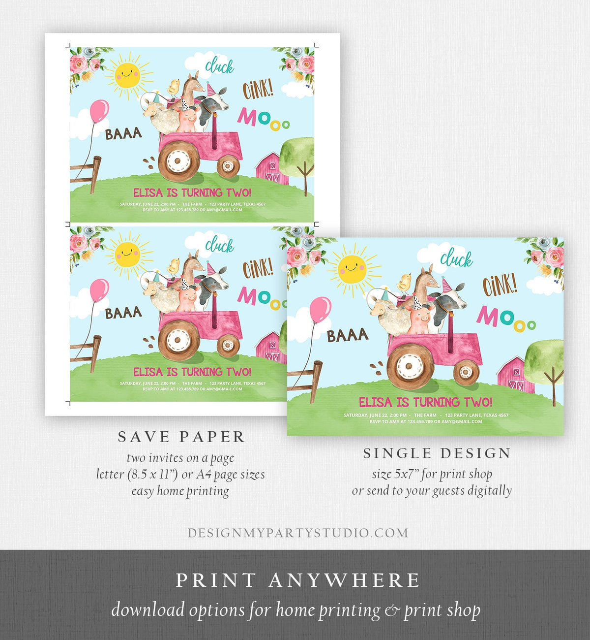 Editable Farm Birthday Invitation Girl Farm Animals Pink Floral Barnyard Party Tractor Download Printable Template Digital Corjl 0155