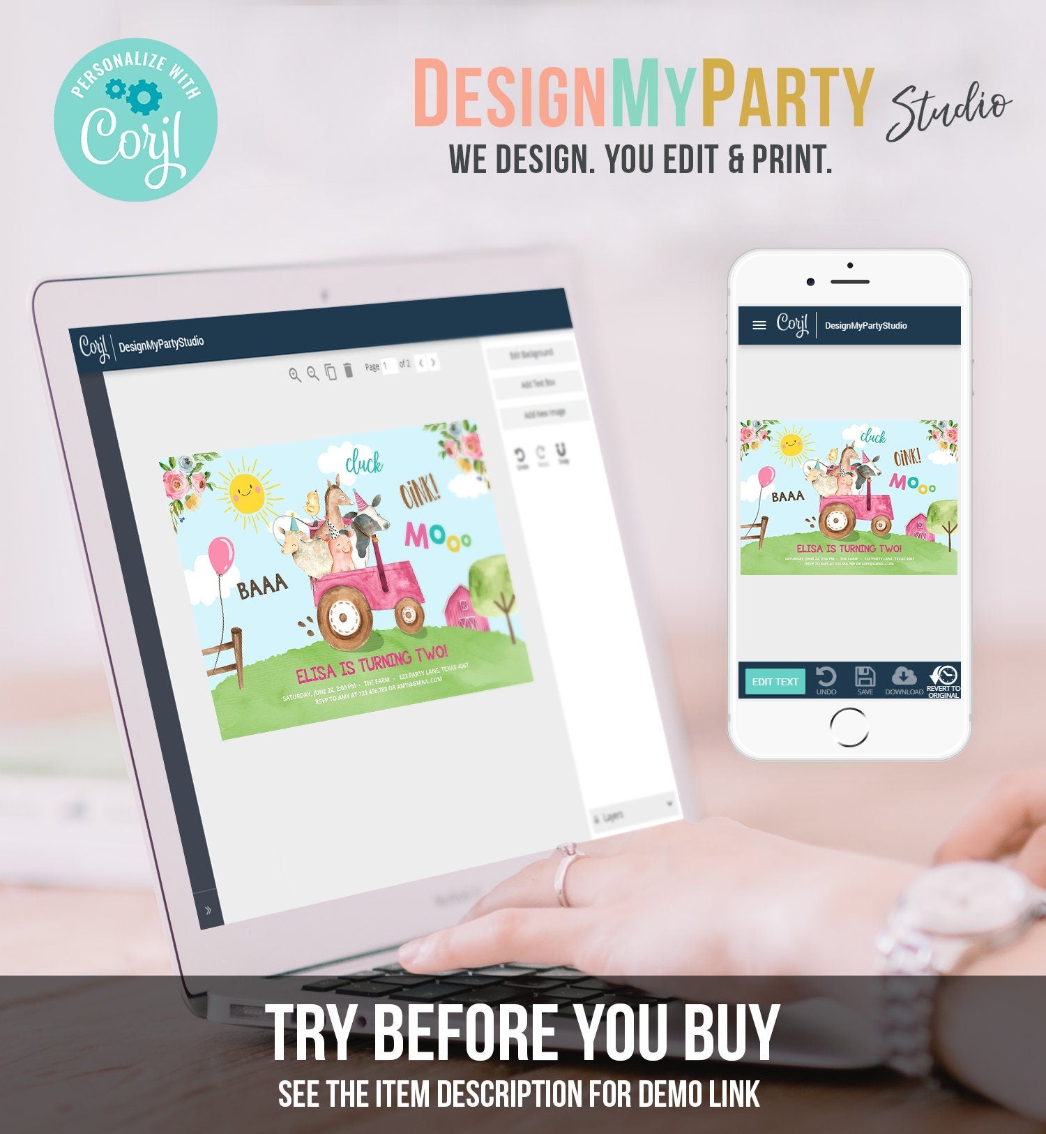 Editable Farm Birthday Invitation Girl Farm Animals Pink Floral Barnyard Party Tractor Download Printable Template Digital Corjl 0155