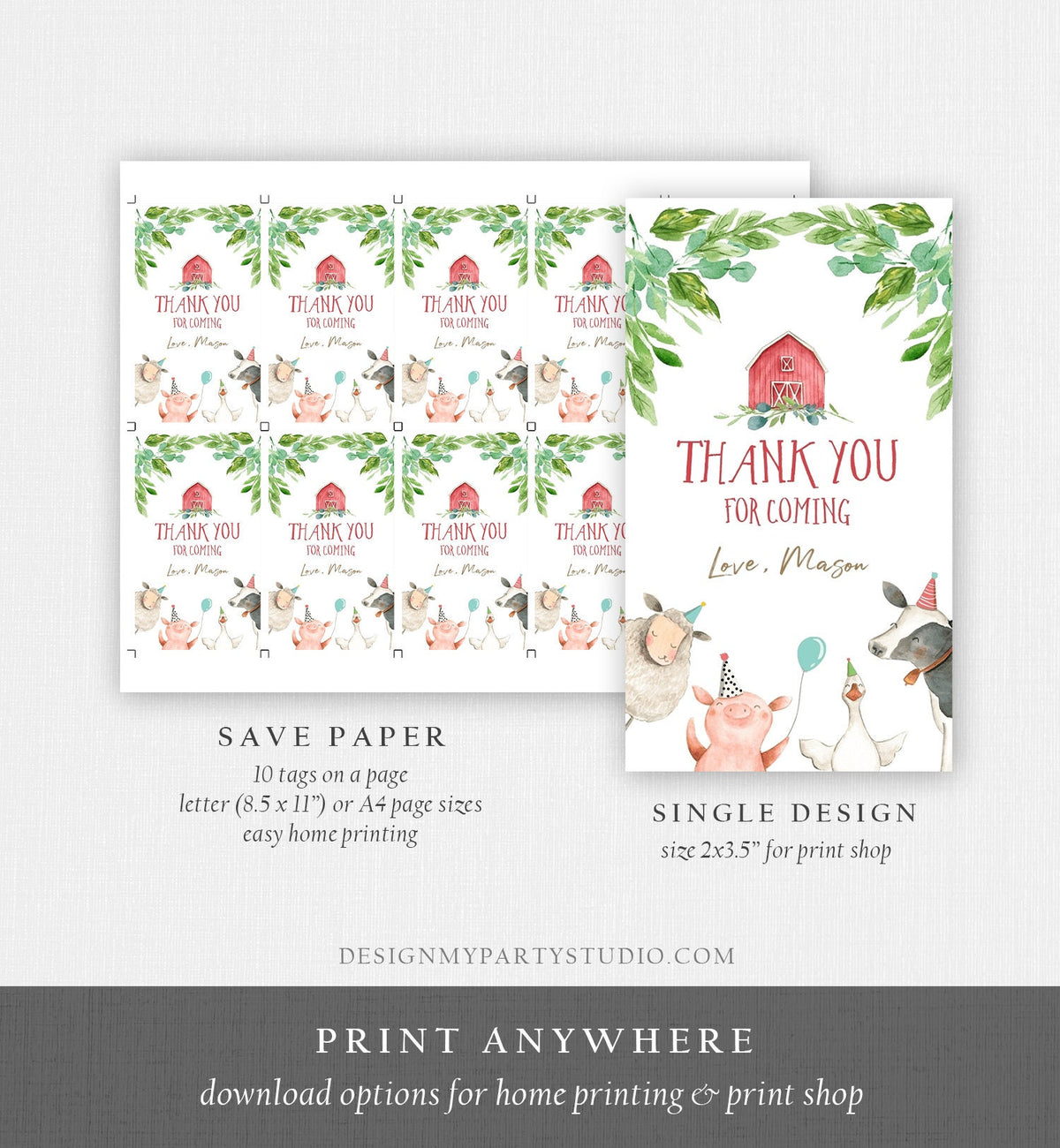 Editable Farm Favor Tags Tags Boy Farm Birthday Thank you tags Barnyard Gift Tags Red Green Birthday Template PRINTABLE Corjl 0155