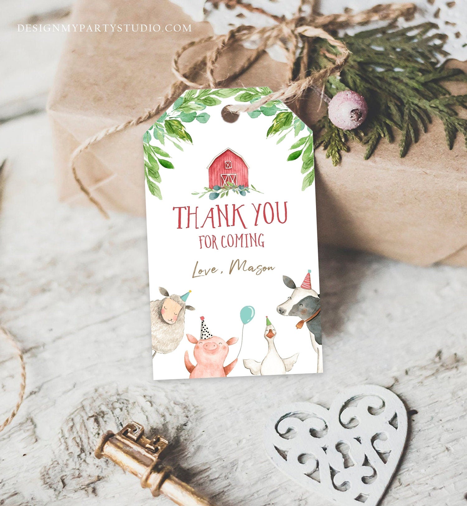 Editable Farm Favor Tags Tags Boy Farm Birthday Thank you tags Barnyard Gift Tags Red Green Birthday Template PRINTABLE Corjl 0155
