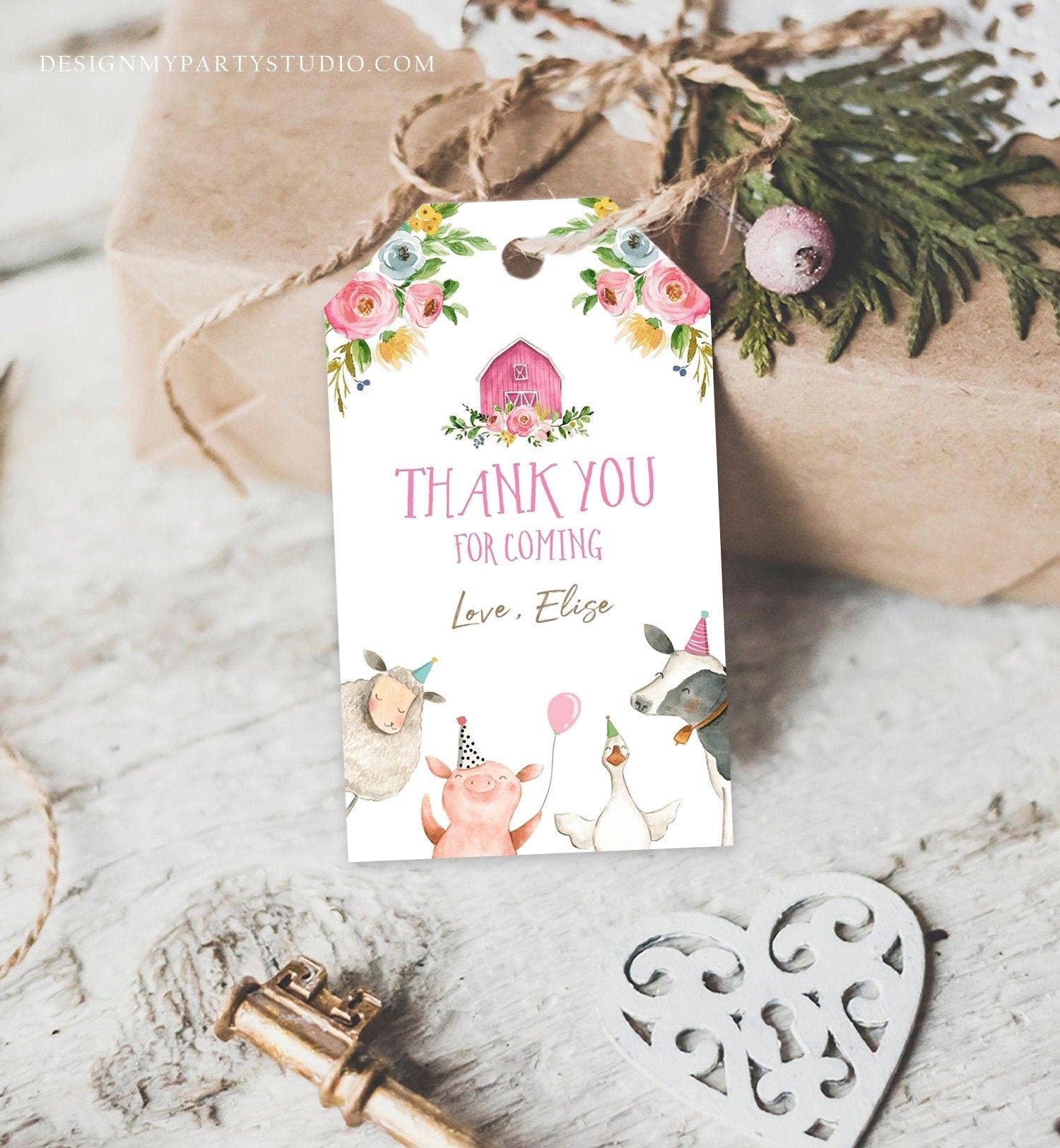 Editable Farm Animals Favor Tag Pink Farm Girl Birthday Thank You Tag Pink Barn Party Animals Gift Tag Download Corjl Template Printable 0155