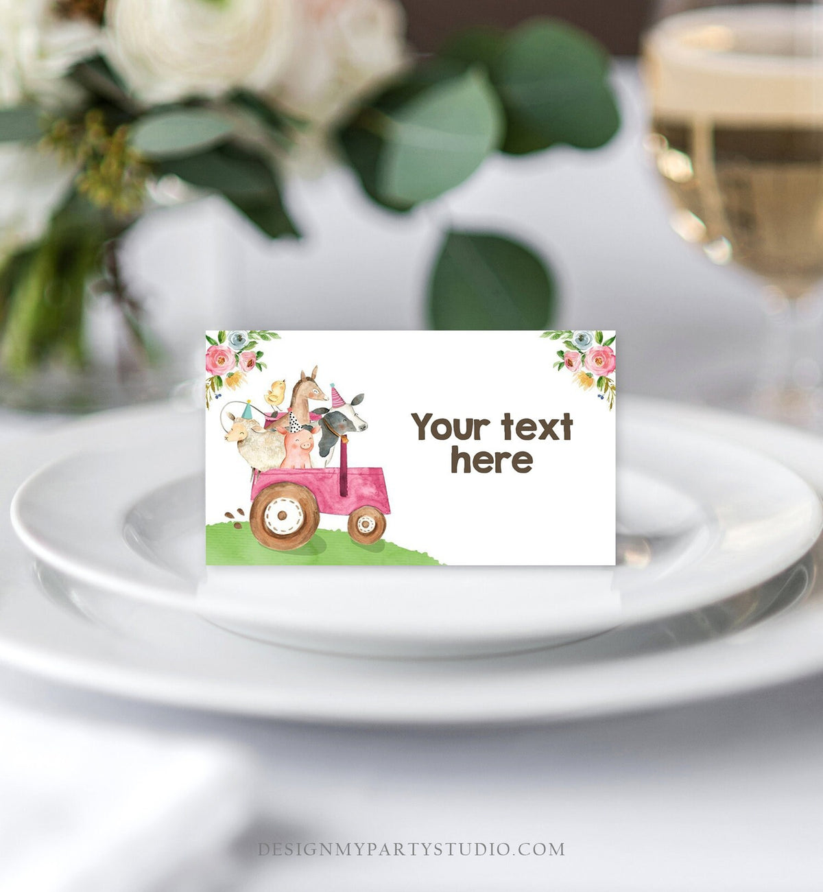 Editable Farm Animals Food Labels Barnyard Birthday Food Cards Tent Card Pink Farm Girl Shower Tractor Party Animal Digital Template 0155
