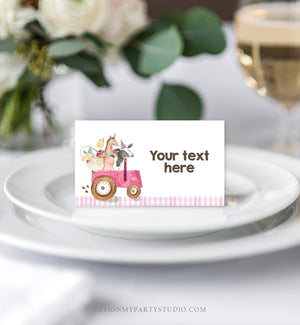 Editable Farm Animals Food Labels Barnyard Birthday Food Cards Tent Card Pink Farm Girl Shower Buffer Label Tent Card Template Corjl 0155