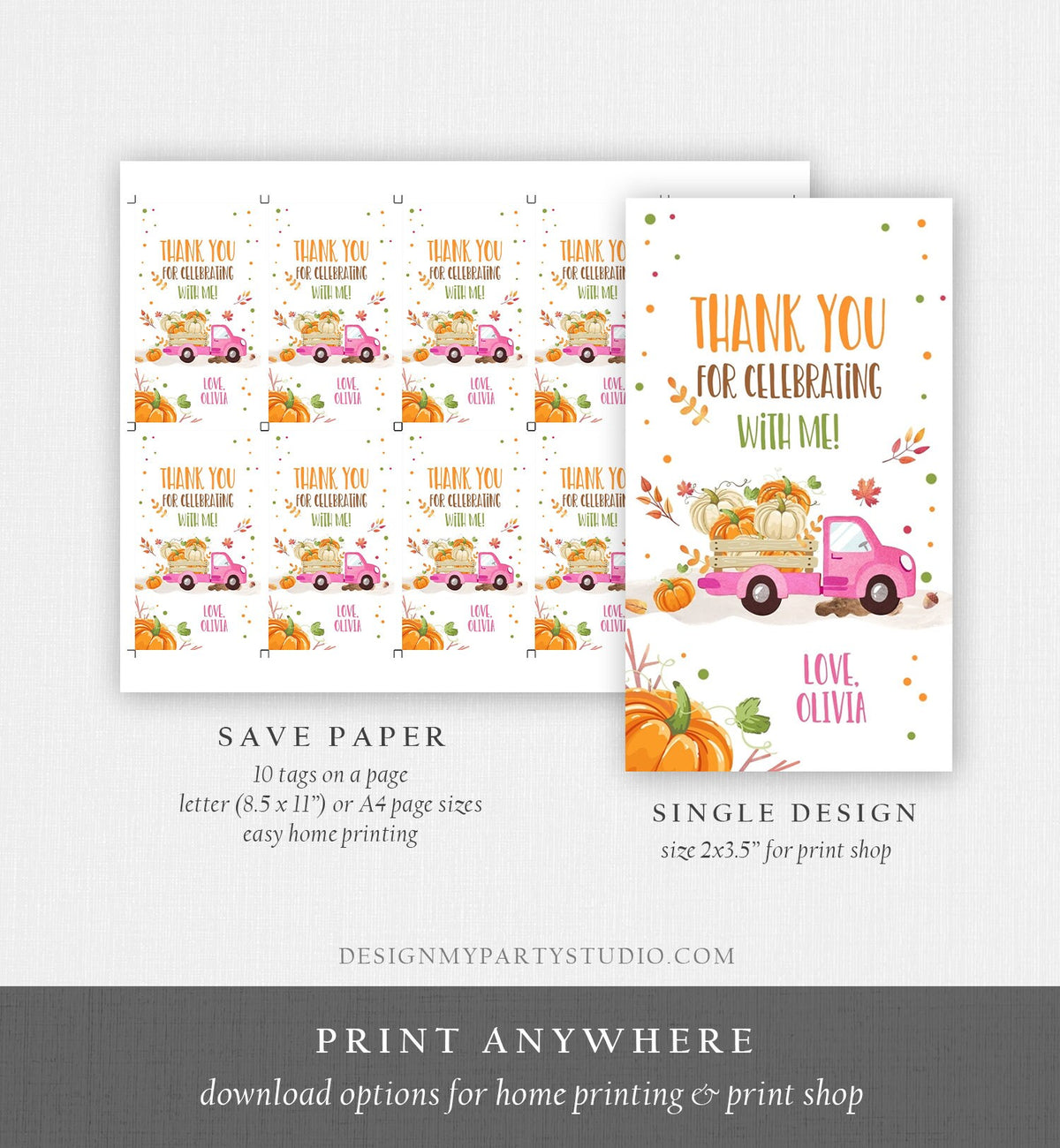 Editable Pumpkin Favor Tags Pumpkin Truck Thank You Tags Fall Autumn Label Pumpkin Birthday Girl Pink Fall Harvest Corjl Template 0153