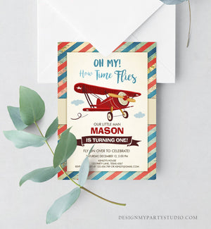 Editable Airplane Birthday Invitation Oh My Time Flies Red Airplane First Birthday Plane Sky Instant Download Printable Corjl Template 0011