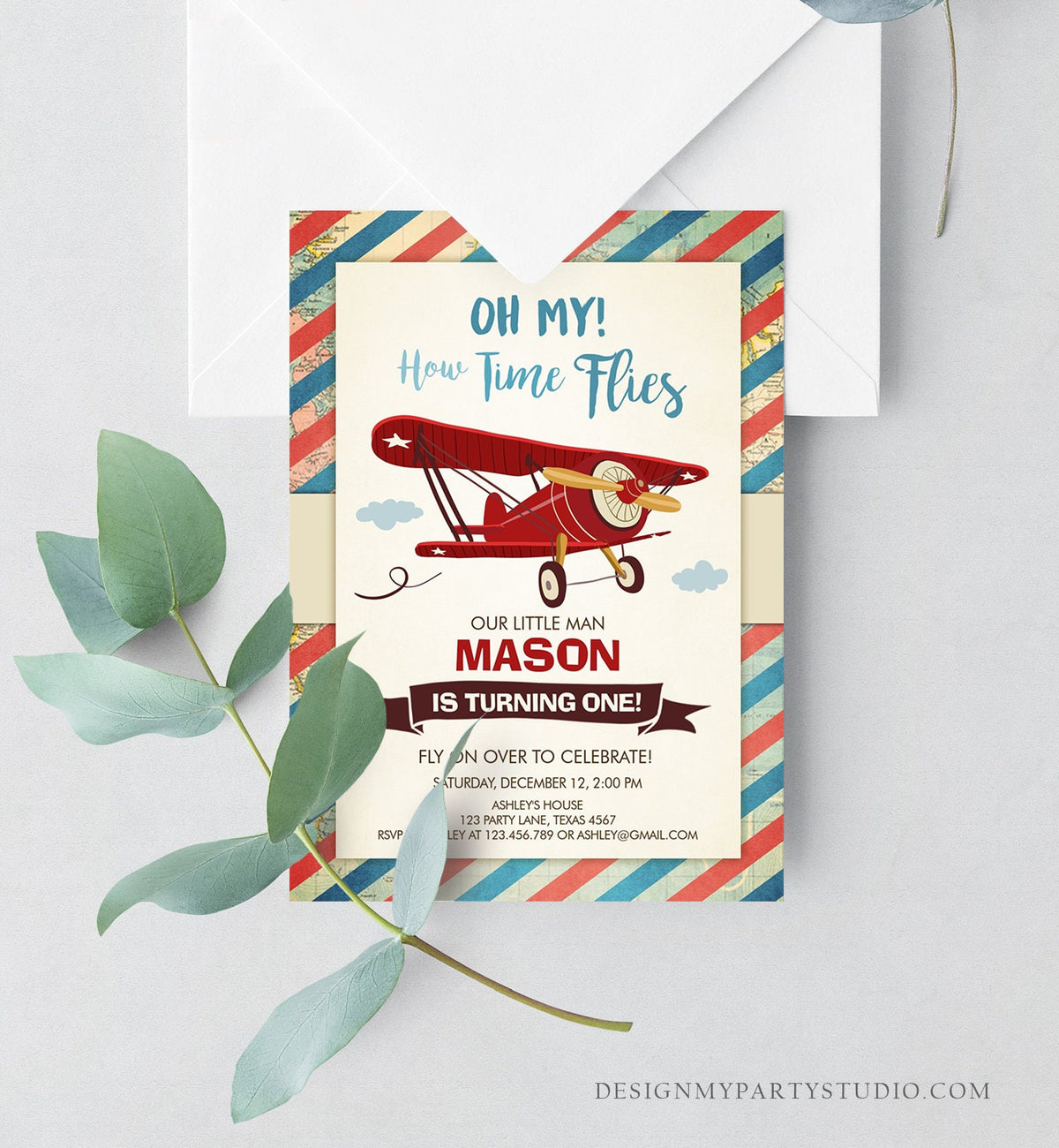 Editable Airplane Birthday Invitation Oh My Time Flies Red Airplane First Birthday Plane Sky Digital Download Evite Template Printable 0011