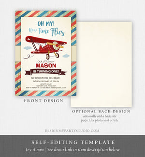 Editable Airplane Birthday Invitation Oh My Time Flies Red Airplane First Birthday Plane Sky Instant Download Printable Corjl Template 0011