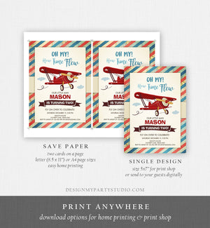 Editable Airplane Birthday Invitation Oh My Time Flew Red Airplane Second Birthday Plane Sky Instant Download Printable Corjl Template 0011