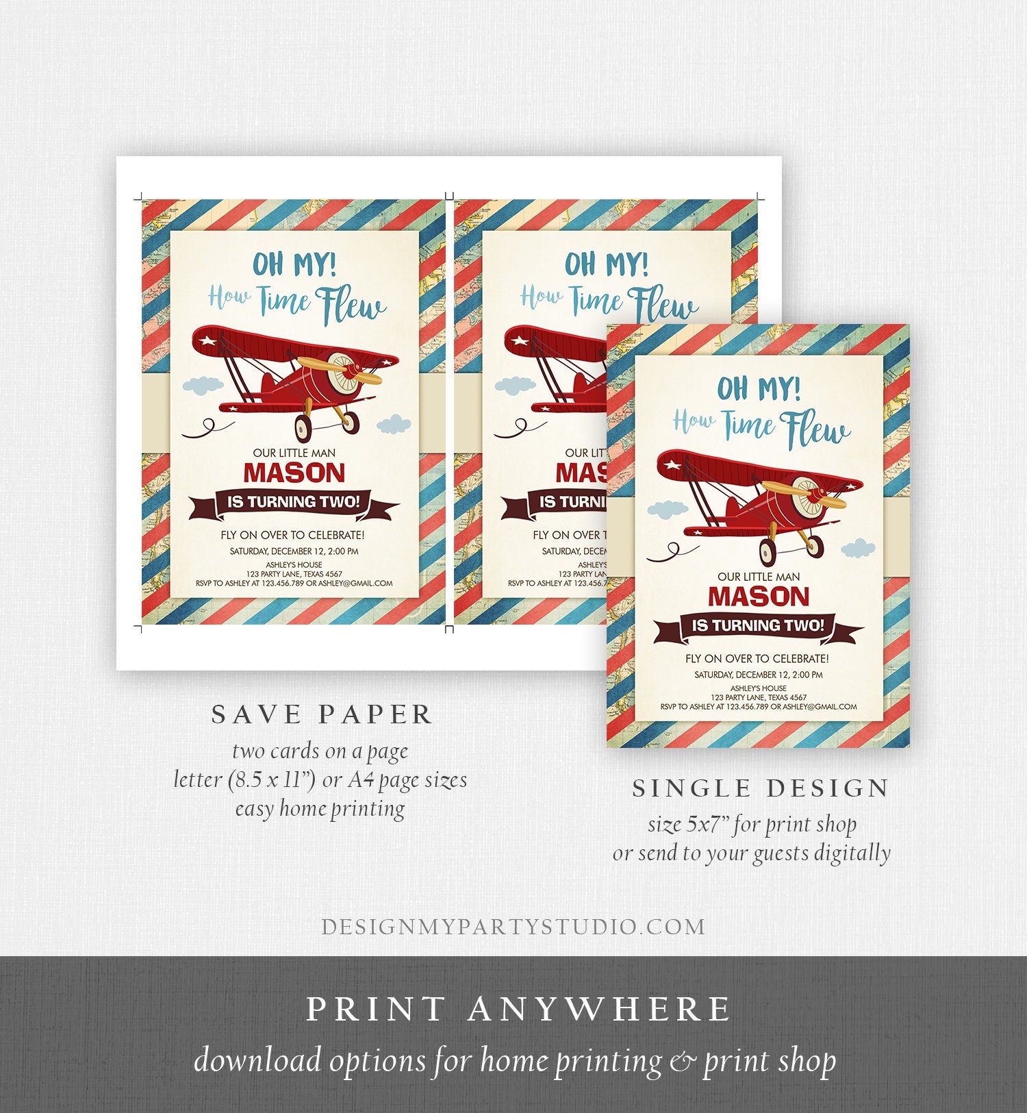 Editable Airplane Birthday Invitation Oh My Time Flew Red Airplane Second Birthday Plane Sky Digital Download Evite Template Printable 0011