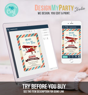 Editable Airplane Birthday Invitation Oh My Time Flew Red Airplane Second Birthday Plane Sky Instant Download Printable Corjl Template 0011
