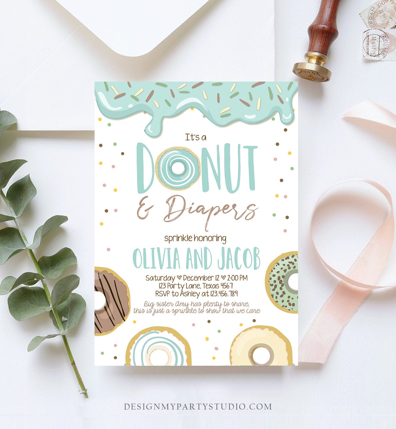 Editable Donut and Diapers Baby Shower Invitation Sprinkle Sprinkled With Love Coed Boy Blue Pastel Download Printable Corj Template 0320