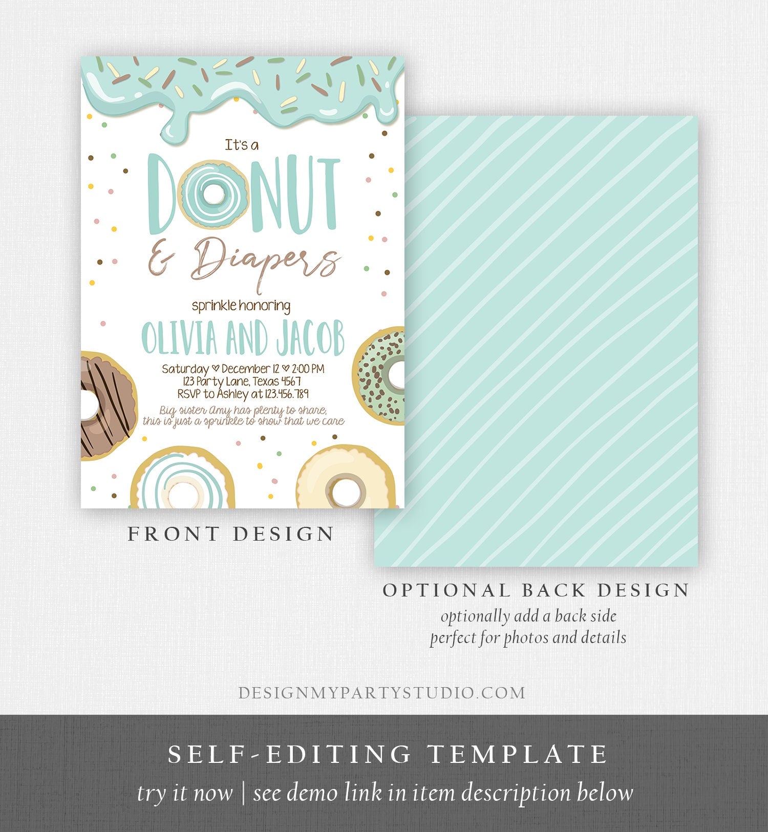 Editable Donut and Diapers Baby Shower Invitation Sprinkle Sprinkled With Love Coed Boy Blue Pastel Download Printable Corj Template 0320