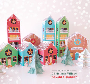 Printable Advent Calendar Houses DIY Paper Christmas Village Boxes Countdown to Christmas Xmas Kids Calendar Digital Instant Download