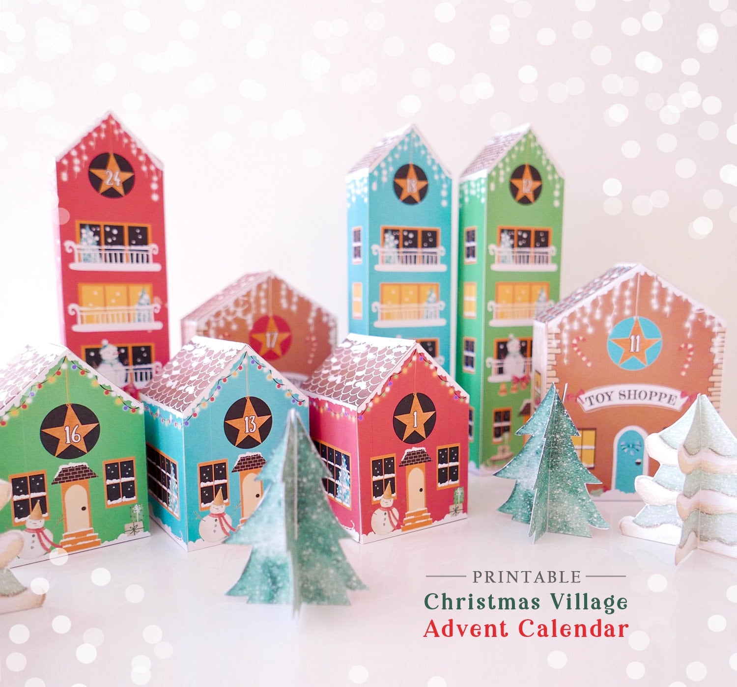 Printable Advent Calendar Houses DIY Paper Christmas Village Boxes Countdown to Christmas Xmas Kids Calendar Digital Instant Download