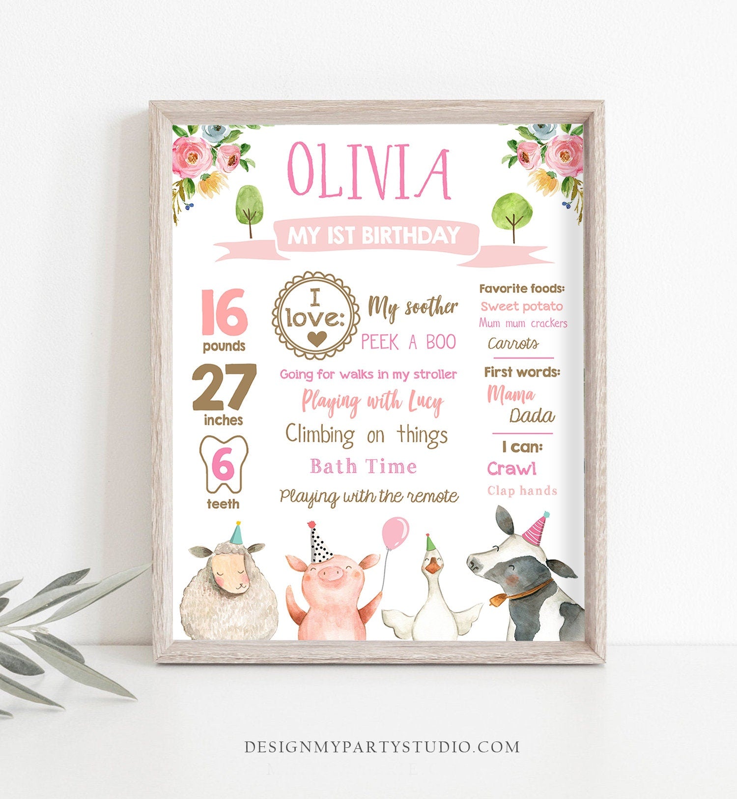 Editable Farm Animals Birthday Milestones Sign Girl Pink Farm Birthday Barnyard Bash Barnyard Sign Floral Download Template Printable 0155
