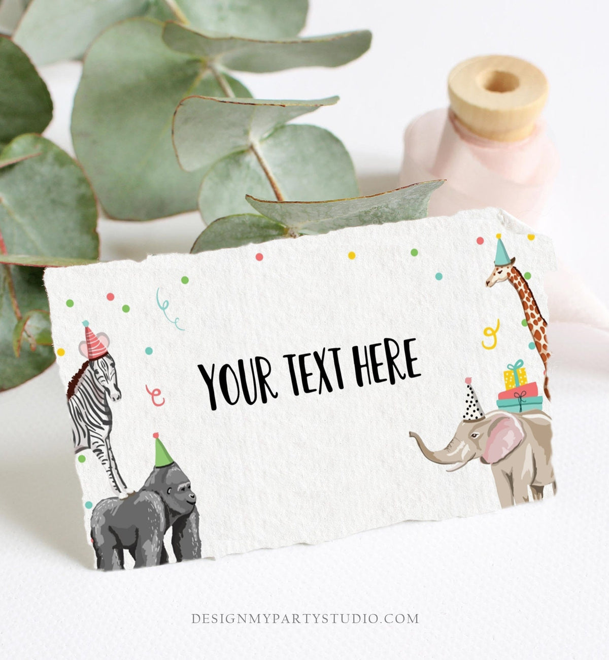 Editable Party Animals Food Label Zebra Gorilla Giraffe Elephant Birthday Place Card Tent Card Shower Neutral Printable Template 0142