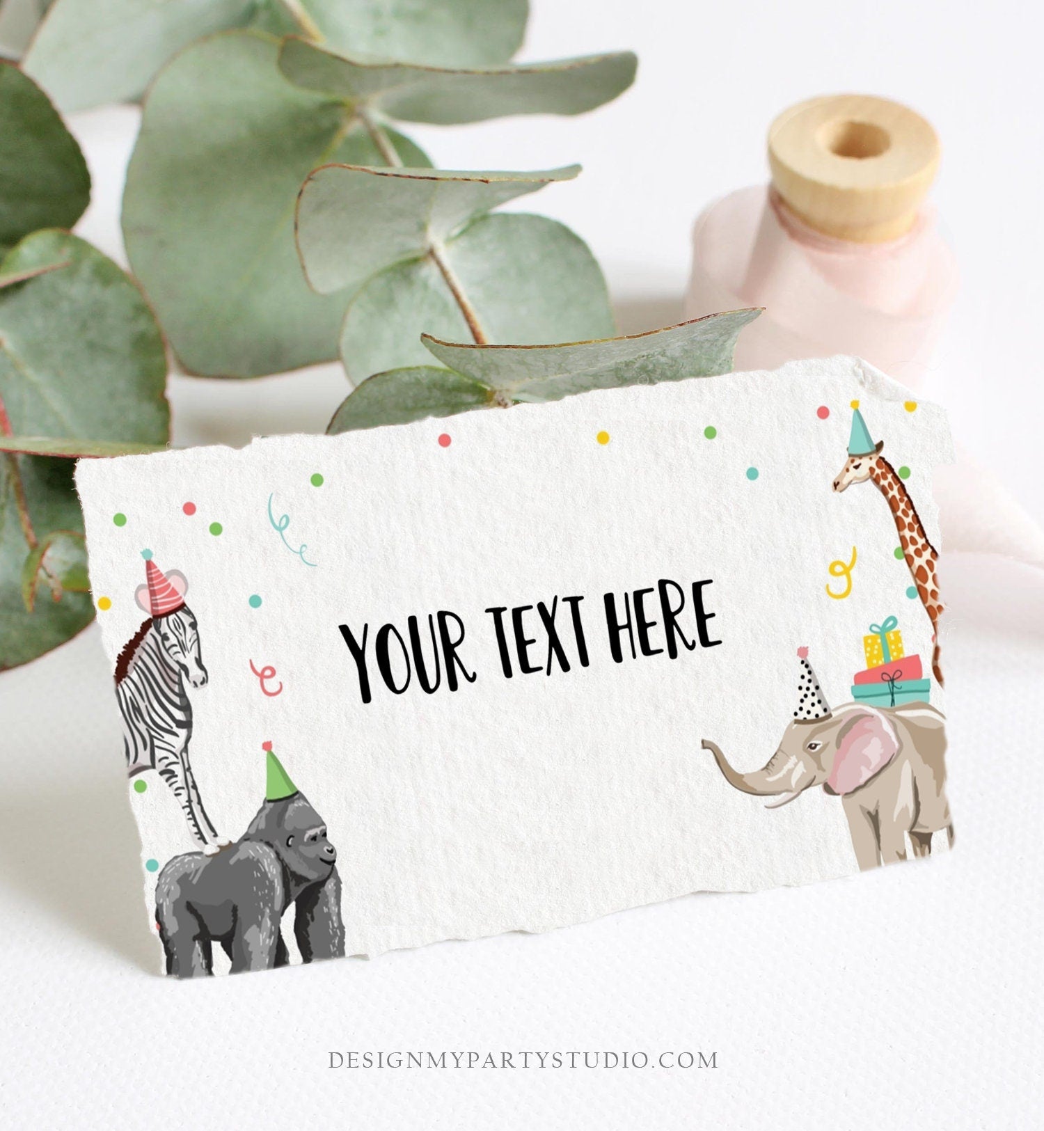 Editable Party Animals Food Label Zebra Gorilla Giraffe Elephant Birthday Place Card Tent Card Shower Neutral Printable Template 0142