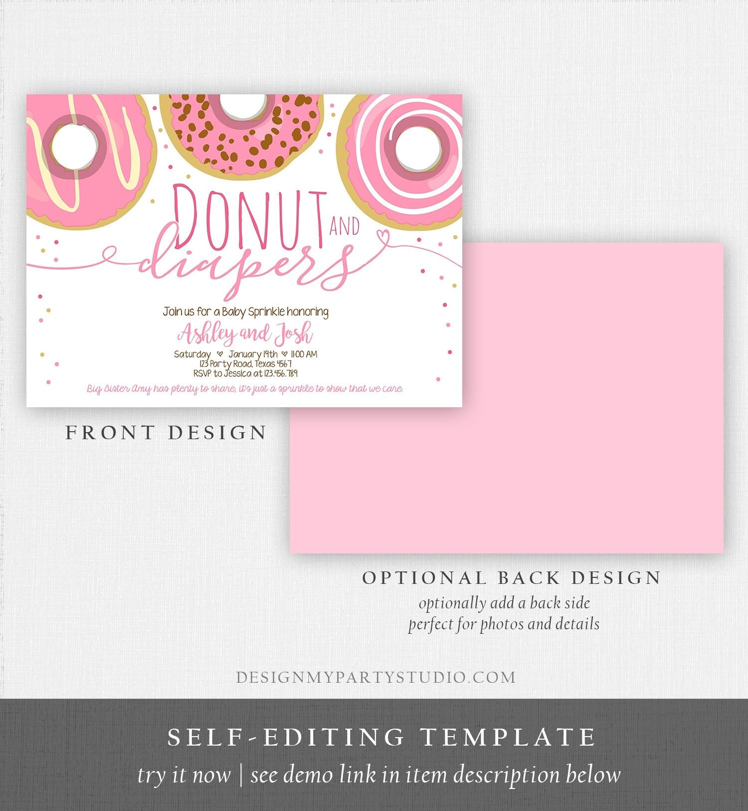 Editable Donut and Diapers Baby Shower Invitation Sprinkle Sprinkled With Love Girl Pink Pastel Digital Download Template Printable 0050