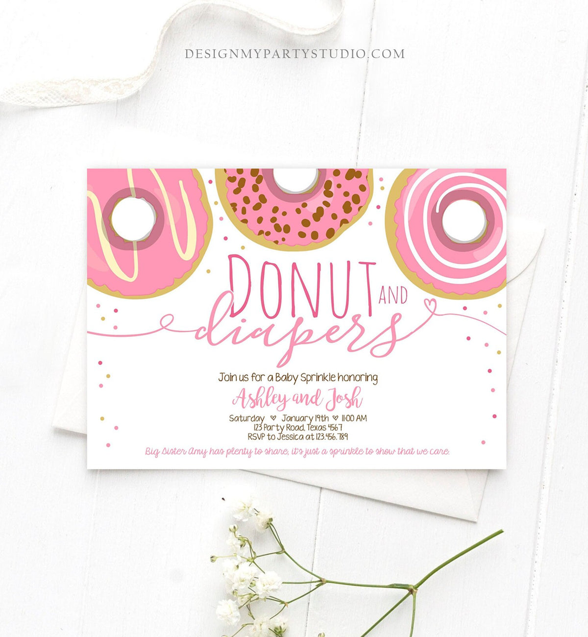 Editable Donut and Diapers Baby Shower Invitation Sprinkle Sprinkled With Love Girl Pink Pastel Digital Download Template Printable 0050